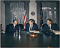 Meeting with the Shah of Iran. Mohammad Reza Shah Pahlavi, President Kennedy, Secretary of Defense Robert McNamara. White House, Cabinet Room, 04/13/1962 - ARC Identifier: 194206.