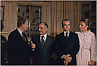 Jimmyn Carter with King Hussein of Jordan, the Shah of Iran and the Shahbanou of Iran., 12/31/1977 - ARC Identifier: 177332