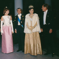President and Mrs. Kennedy greet the Shah and the Shahbanou of Iran.